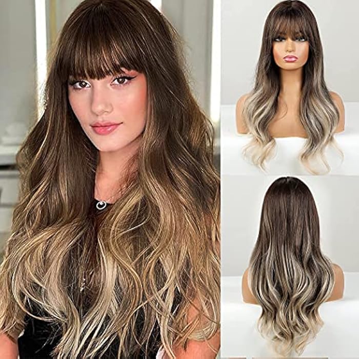 DILLARDS Tantako Long Brown Ombre Wig Brown To Ash Blonde Wig With Bangs For Women Heat Resistant Synthetic Brown Wigs (373 Brown Ombre) - Image 5